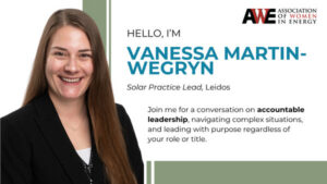 Vanessa Martin-Wegryn, Solar Practice Lead at Leidos, speaking at the AWE August Energy Exchange about accountable leadership and leading with purpose regardless of title